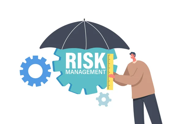 Tiny Businessman Character Holding Lineal Stand unter einem Regenschirm mit Zahnrädern. Risiken minimieren, messen und analysieren — Stockvektor