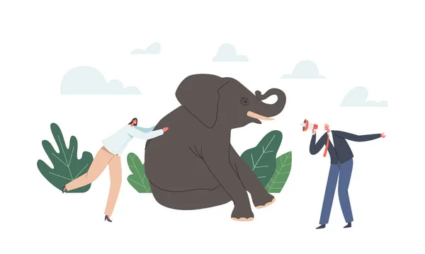 Führung, Karriere oder Corporate Challenge. Mächtige Geschäftsfrau schubst riesigen Elefanten, Geschäftsmann mit Megafon — Stockvektor