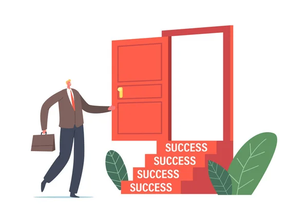 Business Man postava ve formálním obleku vstoupit do otevřených dveří se schodů k úspěchu. Podnikatel Nová příležitost — Stockový vektor