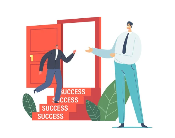 Podnikatel pozvat další obchodní muž postava ve formálním obleku vstoupit otevřené dveře se schody k úspěchu, Příležitost — Stockový vektor