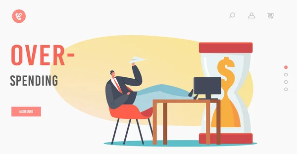 Procrastination in Business, Time Overspending Landing Page Template. Homme d'affaires personnage assis avec les jambes sur le bureau — Image vectorielle