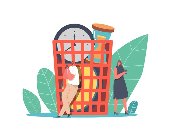 Tiny Characters Idle at Huge Basket with Alarm Clocks Wasting Time and Money, Businesspeople Laziness, Procrastination — Stock Vector