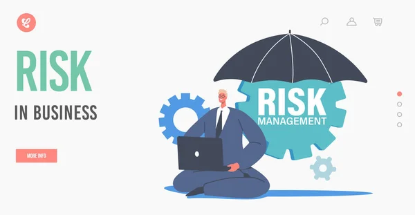 Trader minimieren das Risiko im Business Landing Page Template. Unternehmerfigur arbeitet am Laptop unter Regenschirm — Stockvektor