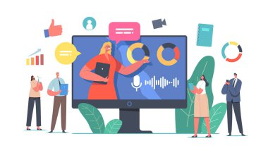 Tiny Business People Karakterleri Çevrimiçi Sanal Ofis Sözcüsüyle Dev PC Monitor 'da toplantı. Mali Seminer