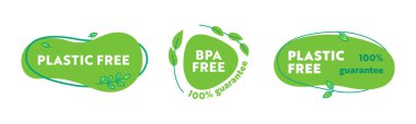 Plastiksiz ve BPA Serbest Garanti Simgeleri Ayarlandı. Yeşil Yapraklı Doğayı Koruma Yaratıcı Etiketler