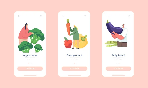 Vegan Menu Mobile App Σελίδα επί του σκάφους Πρότυπο οθόνης. Μικροσκοπικοί χαρακτήρες επισκέπτονται Salad Bar. Οι άνθρωποι τρώνε λαχανικά — Διανυσματικό Αρχείο