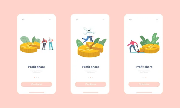 Profit Share Mobile App Page Шаблон екрана на борту. Крихітні бізнесмени та персонажі на величезній діаграмі пирогів — стоковий вектор