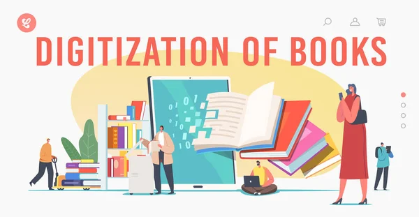 Modèle de page d'atterrissage de numérisation de livres. Caractères bibliothécaires Numérisation des pages papier Conversion des informations dans la bibliothèque — Image vectorielle