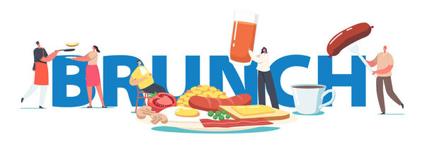 Концепция бранча. Крошечные персонажи на огромной тарелке с английским полноценным завтраком бекон, пироги с жареным яйцом, тост