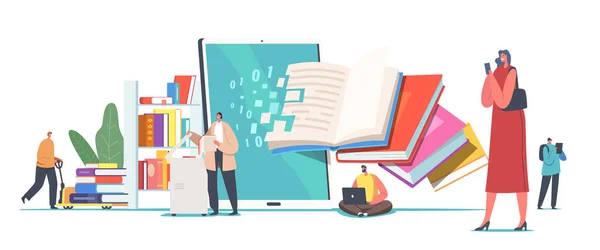 Kitap Sayısallaştırma Konsepti. Kağıt Sayfalarını Tarayan Kütüphaneciler Bilgiyi Bilgisayarda Dijital Sürüme Çeviriyor — Stok Vektör