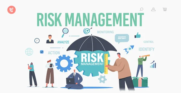 Mall för landningssida för riskhantering. Arbetsgrupp Karaktärer erkänna, identifiera, mäta och genomföra affärsstrategi — Stock vektor