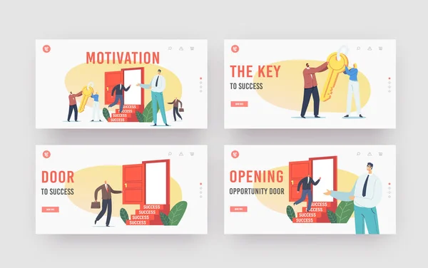 Karriär Boost, Business Motivation, Framgång Landning Page Template Set. Affärskaraktärer bär guldnyckel för att låsa upp dörren — Stock vektor