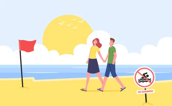 Giovane coppia che tiene le mani a piedi lungo la spiaggia di sabbia con bandiera rossa di avvertimento e nessun banner divieto di nuoto in estate — Vettoriale Stock