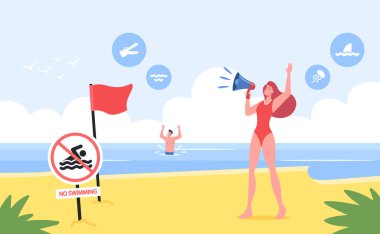 Cankurtaran Kadın Karakteri, Sandy Shore 'da Kırmızı Uyarı, Yüzme Yasağı Tabelasıyla Megafona Bağır