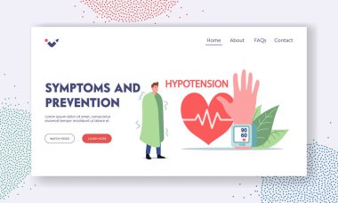 Hipotansiyon Semptomları ve Önleme İniş Sayfa Şablonu. Tonometre ile Büyük El 'de Küçük Erkek Karakteri