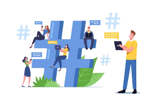 Hombres y mujeres pequeños con dispositivos digitales Mensajes de texto y envío de mensajes en redes sociales Sentado en un enorme hashtag — Vector de stock