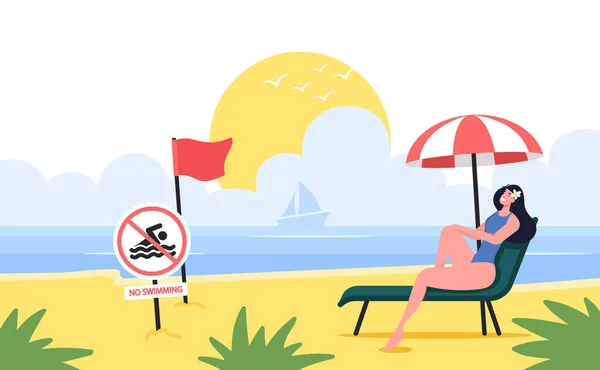 Jeune femme se détendre sur le salon Chaise sur la plage de sable avec drapeau rouge avertissement et pas de signe d'interdiction de baignade — Image vectorielle