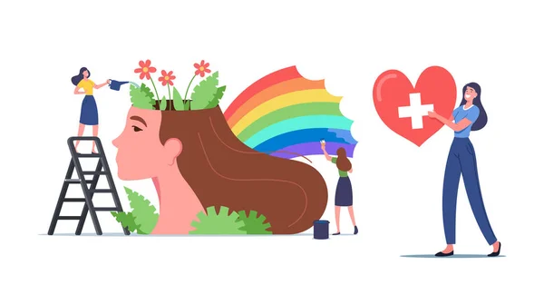 Concepto de Salud Mental. Pequeñas mujeres personajes riego flores y pintura arco iris en enorme cabeza femenina. Mente sana — Vector de stock