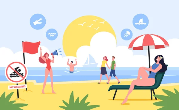 캐릭터들은 해변에 붉은 경고 깃발을 달고 해안에서 휴식을 취한다. 수영 금지, 관광객 의주 의 — 스톡 벡터