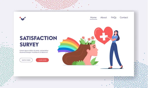 Tevredenheidsonderzoek Landing Page Template. Mental Health and Mind Balance.Kleine vrouwelijke karakter dragen rood hart — Stockvector