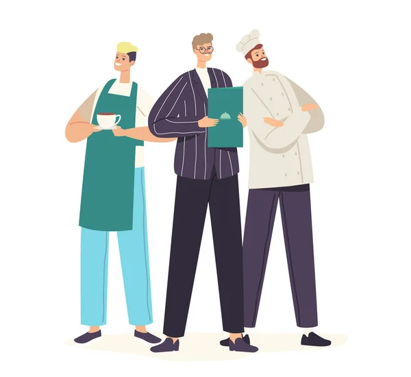 Restaurant Staff Characters in Uniform Posing. Chef in Toque and Apron, Administrator and Waiter Demonstrating Menu — Vetor de Stock