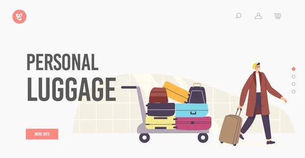 Man with Personal Luggage Landing Page Template. Baggage Claim, Plane Arrival, Tourism Travel. Tourist in Airport — Stock vektor