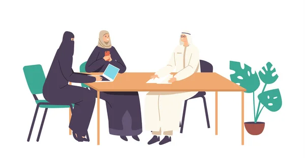 Arab Male and Female Characters Team in Traditional Clothes Communicate Sitting at Office Desk. Board Meeting, Relations — Image vectorielle