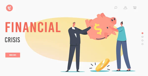 Characters in Financial Crisis Landing Page Template. Bankruptcy, Budget Deficit. Business People Shaking Piggy Bank — Stock vektor