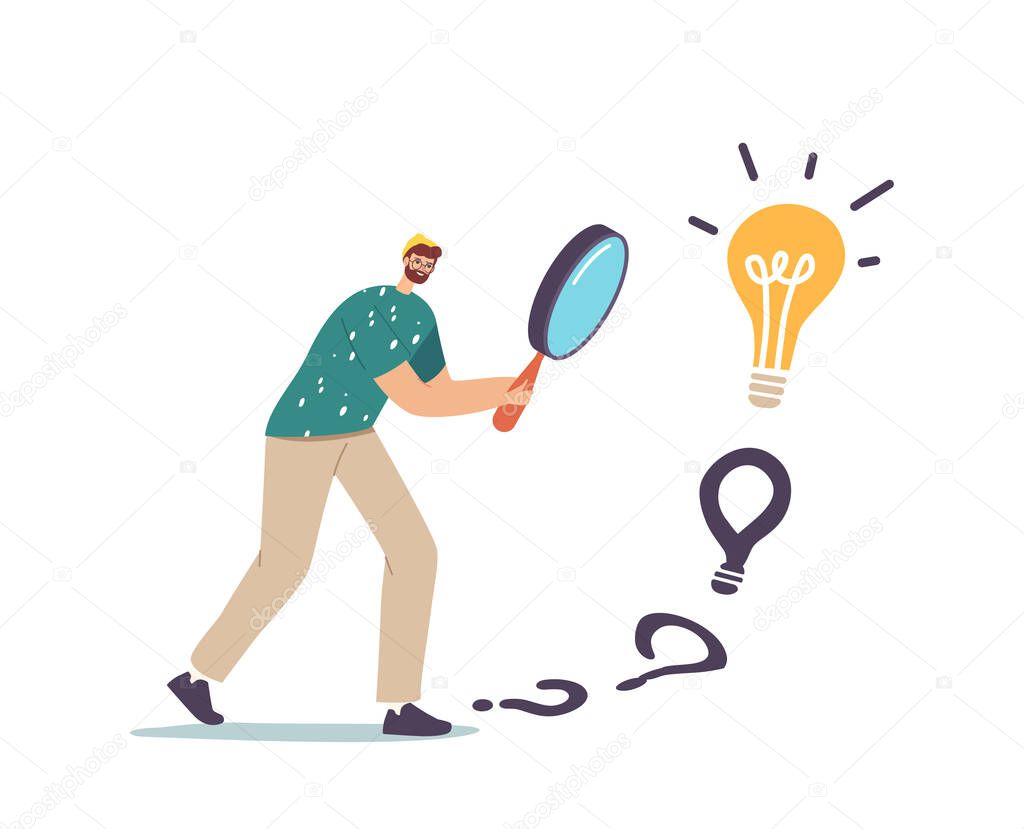 Male Character with Huge Magnifier in Hands Finding Answer Walking to Huge Light Bulb. Businessman Search Creative Idea