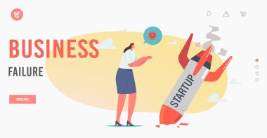 Startup Crash, Business Failure Landing Page Template. Businesswoman Stand at Fallen Rocket Trying to Realize Mistake