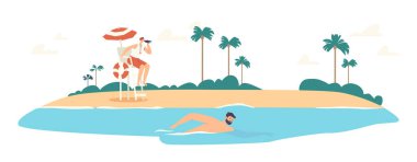 Lifeguard Male Character in Red Shorts Looking in Binoculars on Swimming Man. Rescue Sitting on High Chair with Lifebuoy
