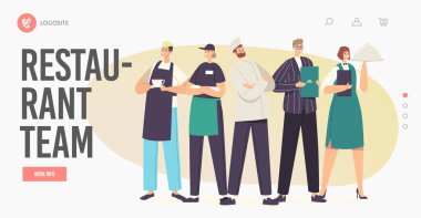 Restaurant Team Landing Page Template. Characters in Uniform Demonstrating Menu. Cafe or Cafeteria Staff Hospitality