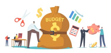 Tiny Businessman Character Tight Huge Budget Sack with Belt. Poor Man and Woman with Empty Piggy Bank, Economy Crisis.