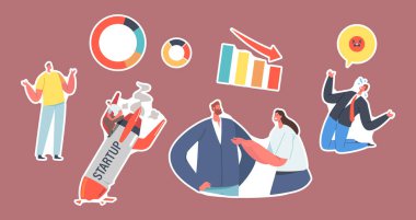 Set of Stickers Startup Crash Theme. Broken Rocket, Business People Loss and Fail. Management Mistake and Problem