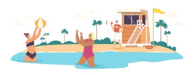 Lifeguard Male Character Yell to Megaphone on Shore with Warning Flag and Tower to Women Swimming and Playing in Sea