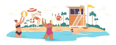 Characters Relaxing on Sea Coastline with Beach Lifeguard Tower. No Swimming Prohibition, Caution for Tourists at Summer