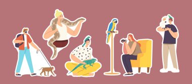 Set Stickers Characters with Exotic Pets Lizard, Snake, Monkey and Spider with Parrot. People Care of Tropical Animals
