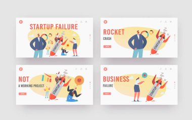 Startup Fail, Business Failure, Crash Landing Page Template Set. Businesspeople Stand at Burning Crashed Start up Rocket