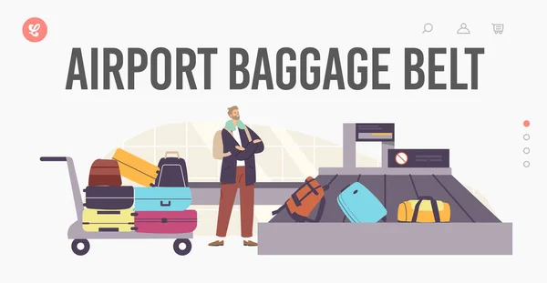 Airport Baggage Belt Landing Page Template. Plane Arrival, Tourism Travel. Tourist Male Character Claim Luggage — Διανυσματικό Αρχείο