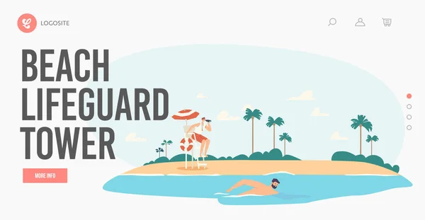 Beach Lifeguard Tower Landing Page Template. Rescuer Male Character Looking in Binoculars on Swimming Man. Rescuer Chair — Stock vektor