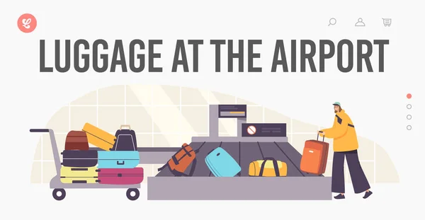 Tourist Female Character Claim Baggage in Airport Landing Page Template. Plane Arrival, Departure, Tourism — Stockvector