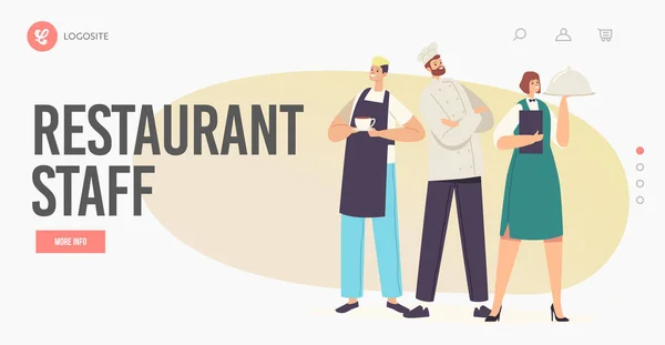 Restaurant Staff Landing Page Template. Characters Hospitality Team in Uniform. Barman with Drink, Waitress with Dish —  Vetores de Stock