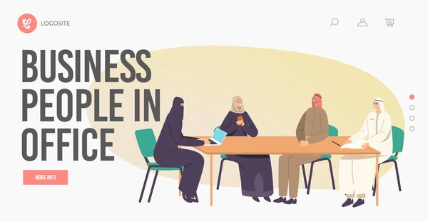 Businesspeople in Office Landing Page Template. Arab Male and female Team Meeting, Communicating Sitting at Desk — Stock vektor