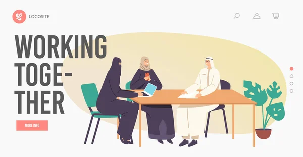 Arab Male and Female Characters Team in Traditional Clothes Work Together Landing Page Template. Board Meeting — Image vectorielle