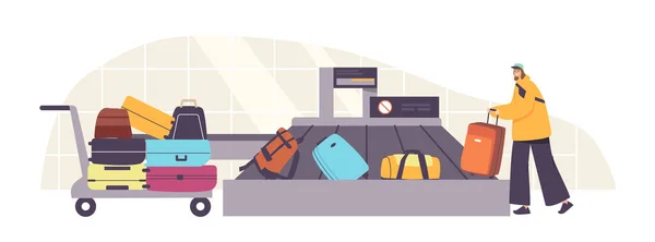 Plane Arrival, Departure, Tourism Concept. Tourist Female Character Claim Baggage in Airport Belt. Woman Taking Luggage — Vector de stock