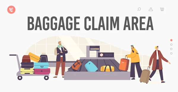 Baggage Claim Airport Area Landing Page Template. Tourists Characters Taking Luggage in Carousel after Airplane Flight — Stock vektor