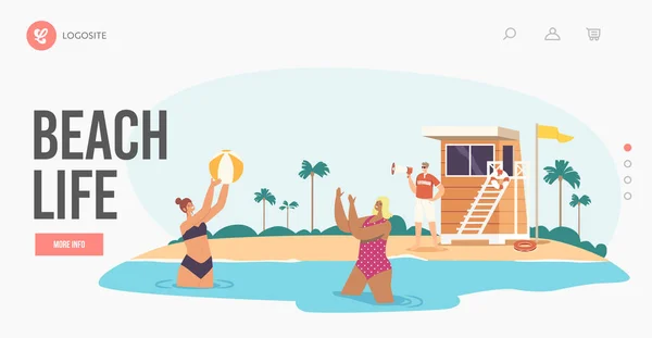 Beach Life Landing Page Template. Lifeguard Male Character Yell to Megaphone on Shore with Flag and Tower to Swim Women — Vetor de Stock