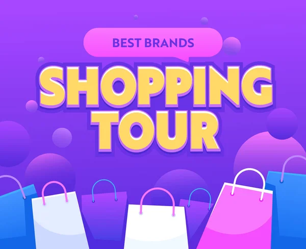 Shopping Tour Banner with Paper Bags. Best Brands Sale Travel, Advertising for Total Clearance Promotion, Stock Discount — Vetor de Stock