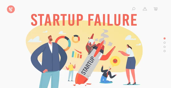 Startup Fail, Business Failure, Crash Landing Page Template. Businesspeople Stand at Burning Crashed Start up Rocket — стоковый вектор