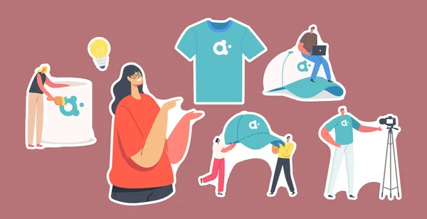 Set Stickers Characters with Promotional Products for Brand Identity. Woman Presenting T-Shirt, Tiny Men with Huge Cap — стоковый вектор